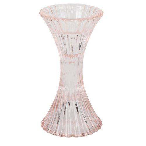 Bougeoir Gravure Ancienne Verre Rose Poudré Ø7cmx14cm 